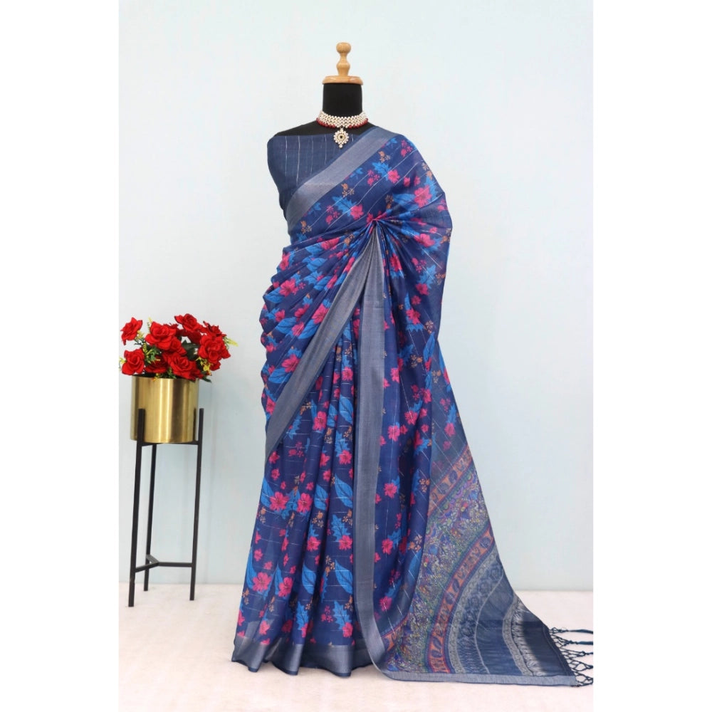 Blue linen digital print saree with unstitched blouse, vibrant pattern for women's fashion