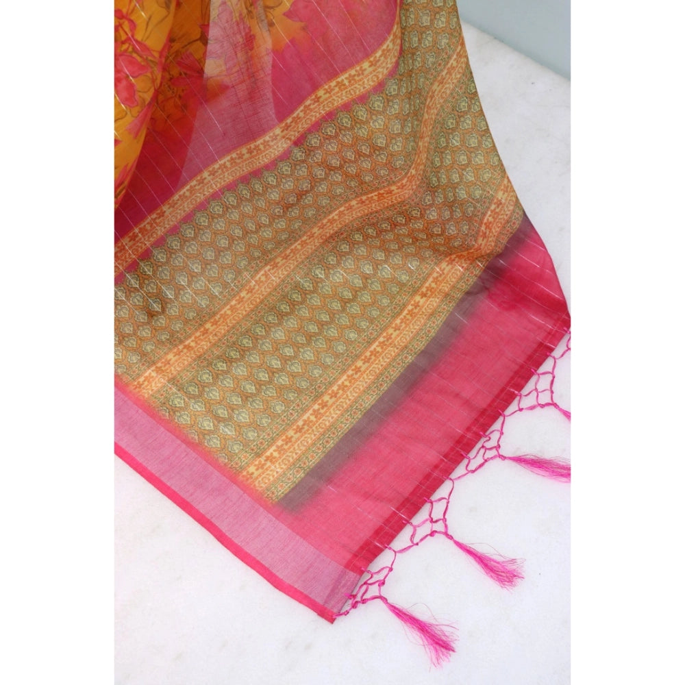 Yellow linen digital print saree with unstitched blouse (5.5Mtr), traditional Indian attire for women