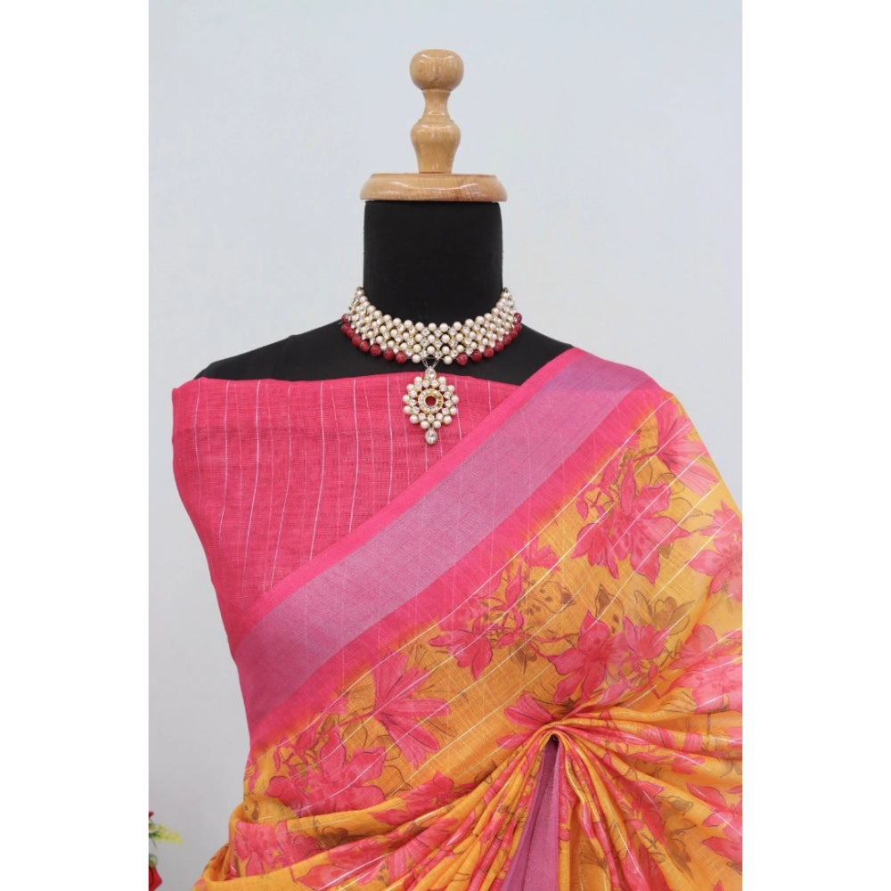 Yellow linen digital print saree with unstitched blouse (5.5Mtr) - women's ethnic wear for traditional occasions