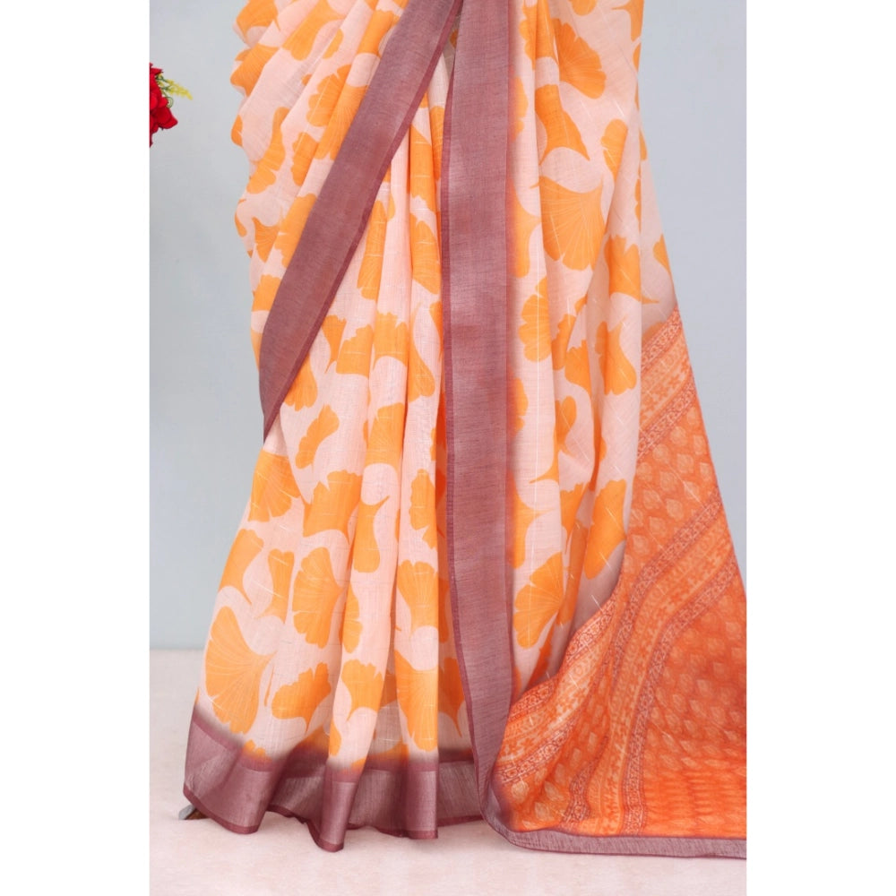 Orange linen digital print saree with unstitched blouse, vibrant pattern on display