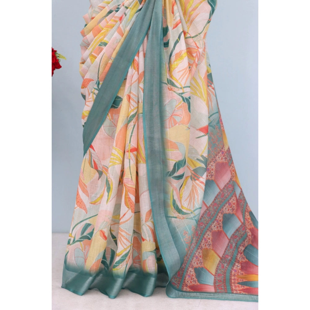 Green linen digital print saree with unstitched blouse (5.5Mtr)
