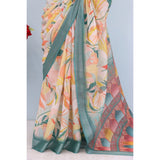 Green linen digital print saree with unstitched blouse (5.5Mtr)