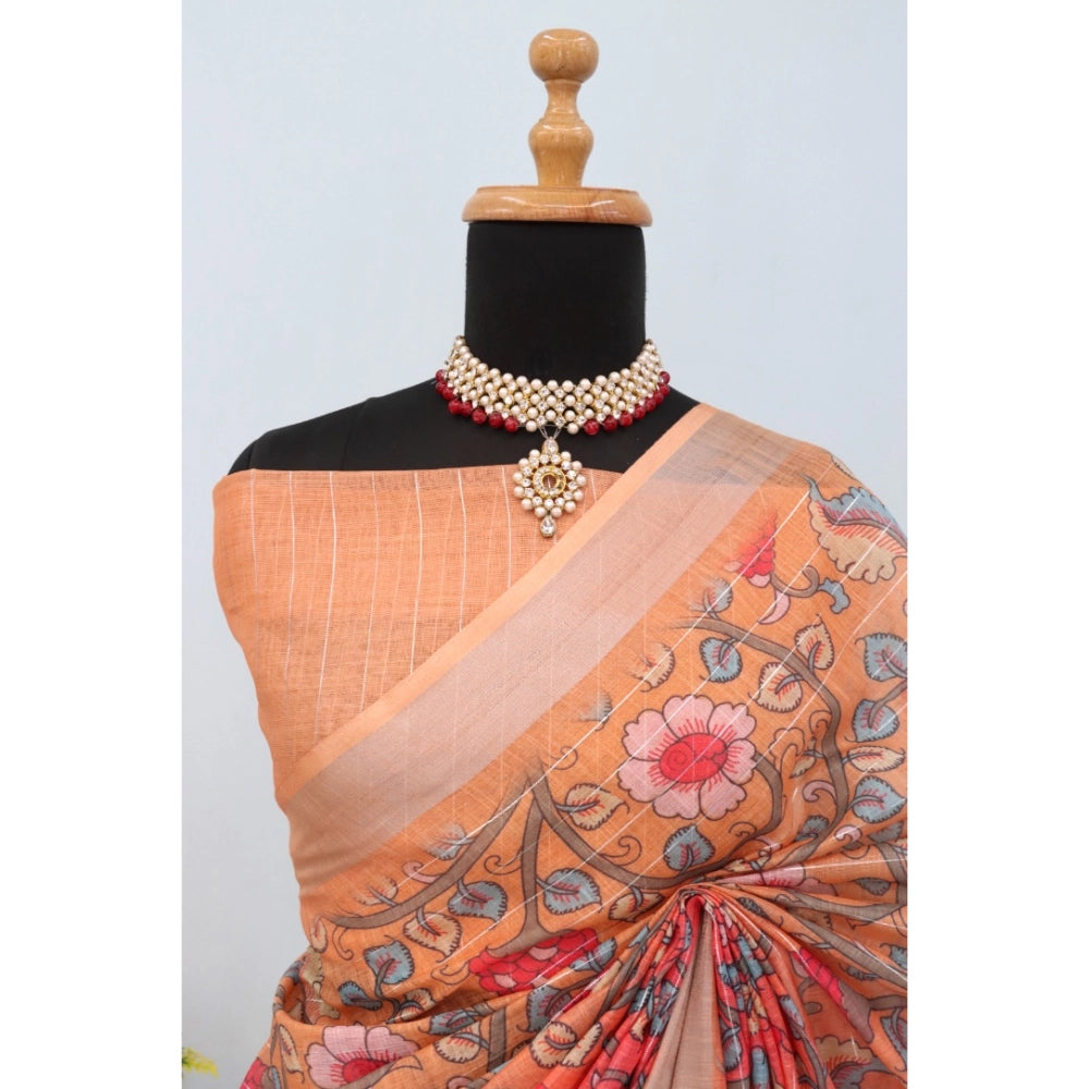 Orange linen digital print saree with unstitched blouse, vibrant floral pattern on display