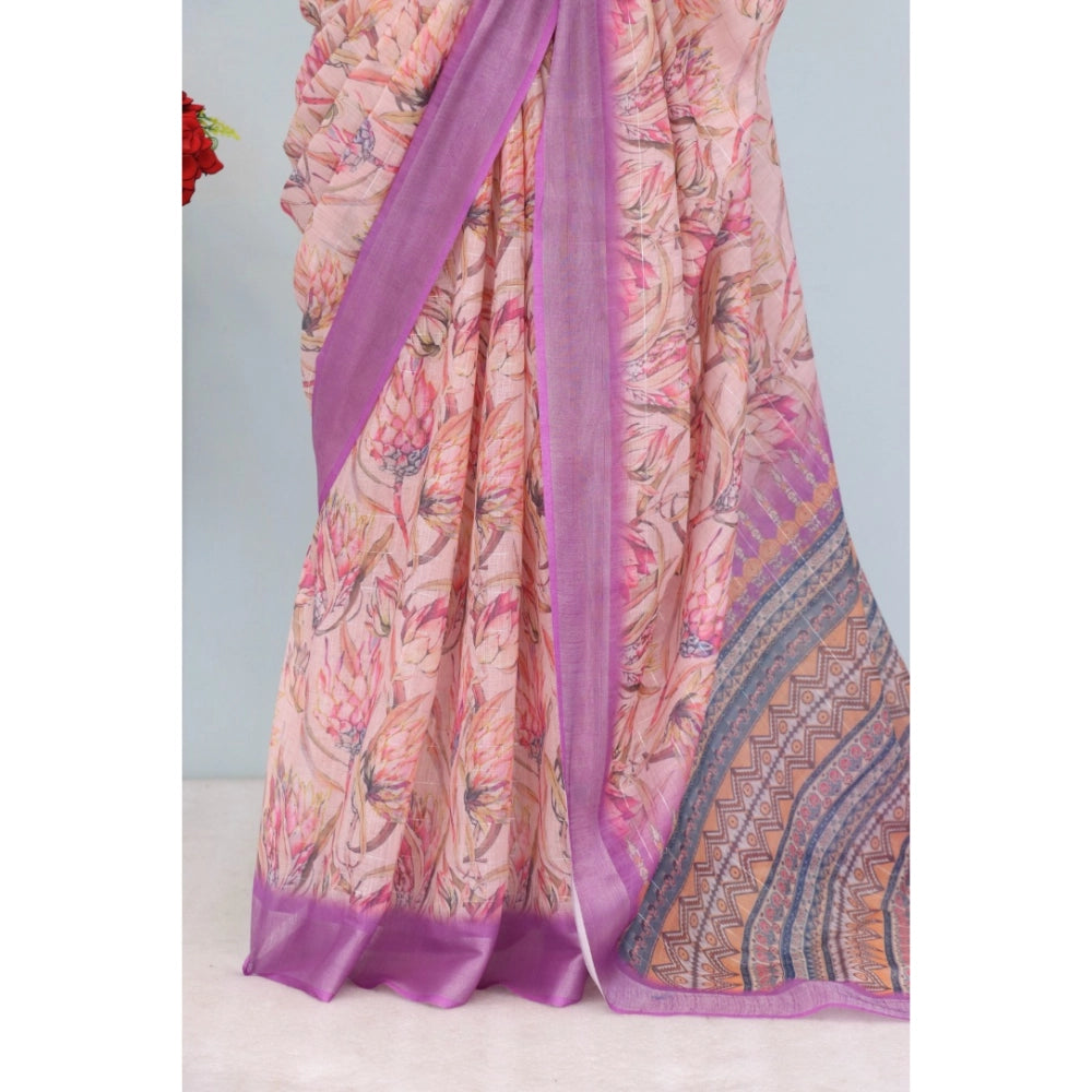 Purple linen digital print saree with unstitched blouse (5.5Mtr), vibrant Indian women's fashion accessory