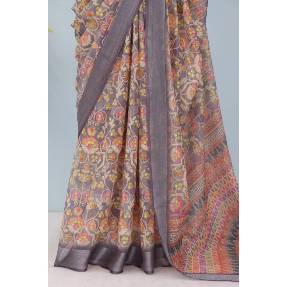 Grey linen digital print saree with unstitched blouse, vibrant design for women's fashion accessory