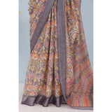 Grey linen digital print saree with unstitched blouse, vibrant design for women's fashion accessory