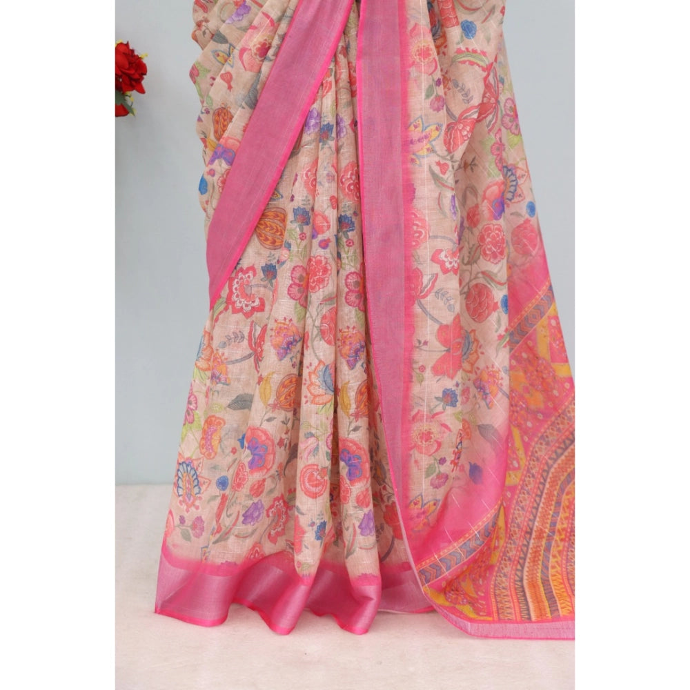 Pink linen digital print saree with unstitched blouse (5.5Mtr), vibrant pattern on display