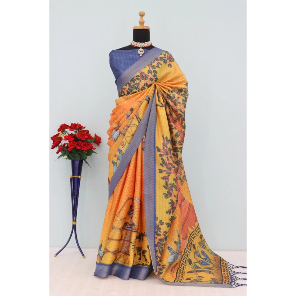 Multicolor Mysore Silk digital print saree with unstitched blouse, vibrant design on display