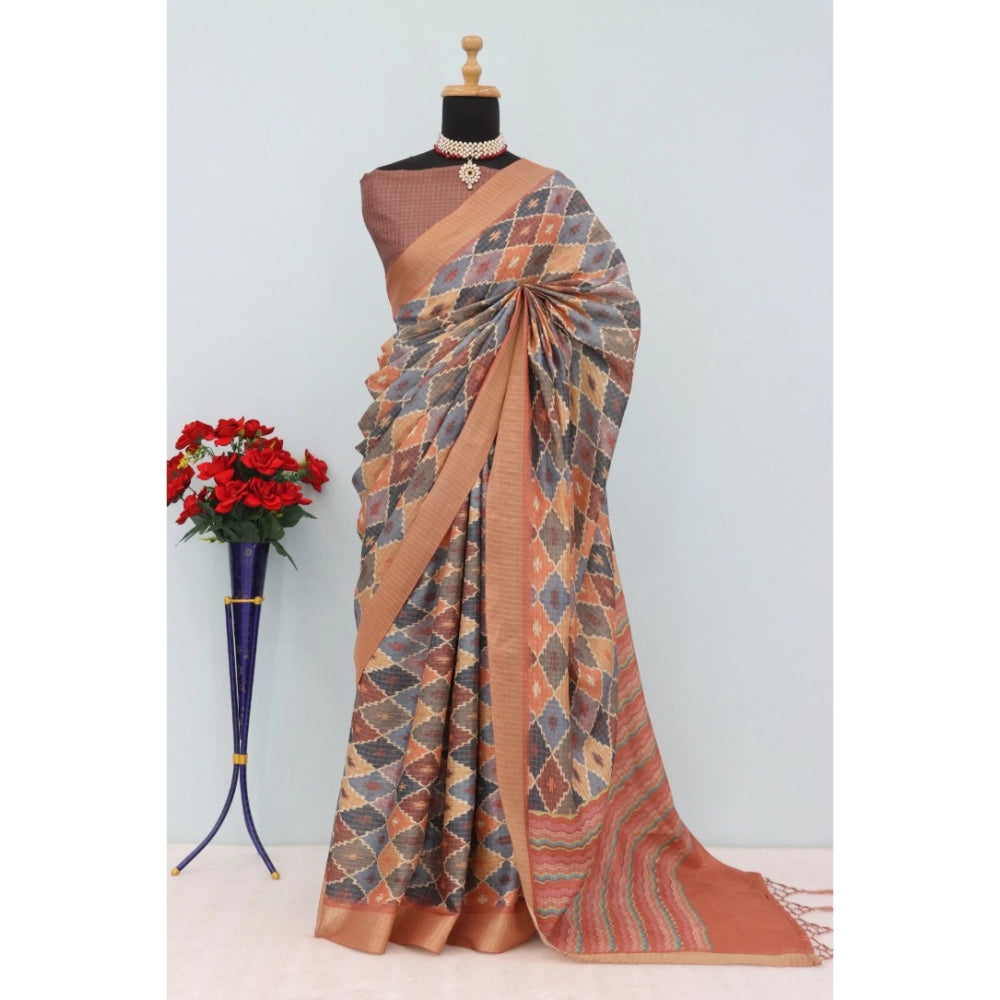 Brown Mysore Silk digital print saree with unstitched blouse, 5.5Mtr - traditional Indian women's fashion accessory