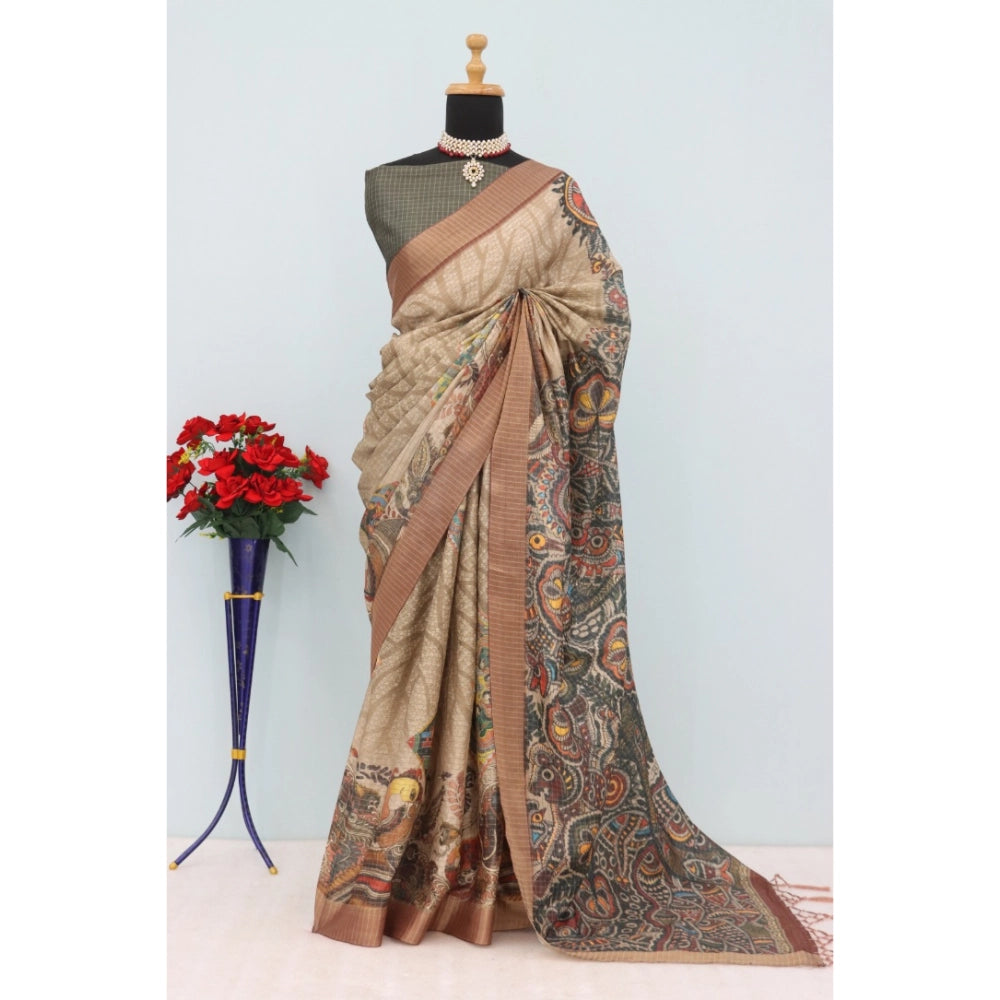 Beige Mysore Silk digital print saree with unstitched blouse (5.5mtr), elegant traditional Indian attire on display