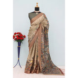 Beige Mysore Silk digital print saree with unstitched blouse (5.5mtr), elegant traditional Indian attire on display