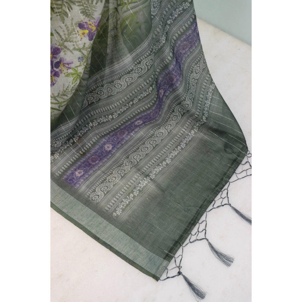 Green linen digital print saree with unstitched blouse (5.5mtr) on mannequin