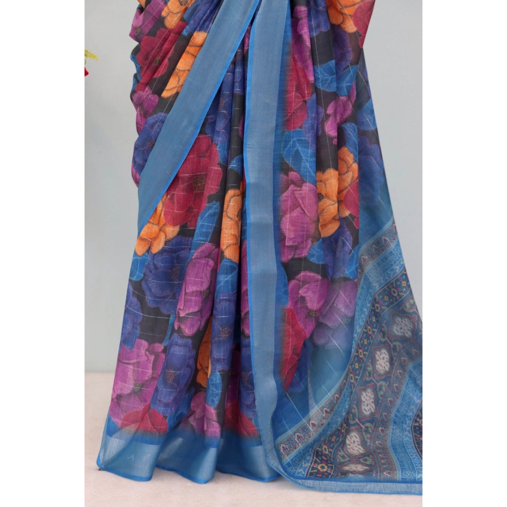 Blue linen digital print saree with unstitched blouse, 5.5mtr length on display rack