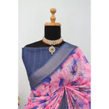 Multicolor linen digital print saree with unstitched blouse (5.5Mtr), vibrant Indian fashion accessory