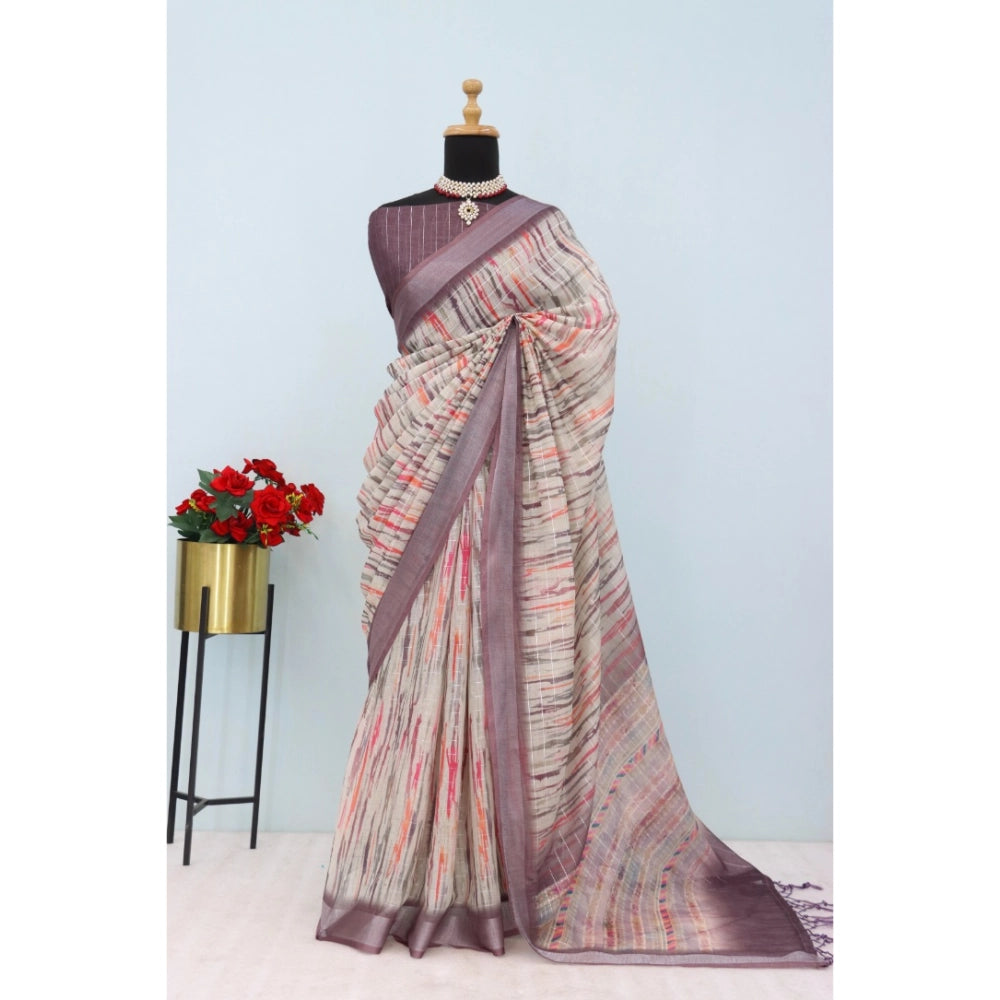 Grey linen digital print saree with unstitched blouse, vibrant floral pattern on a traditional background