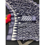 Grey cotton linen woven design saree with unstitched blouse, 5.5mtr length for women's traditional Indian wear