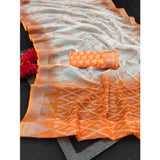 Orange cotton linen woven saree with unstitched blouse, 5.5mtr - traditional Indian ethnic wear for women