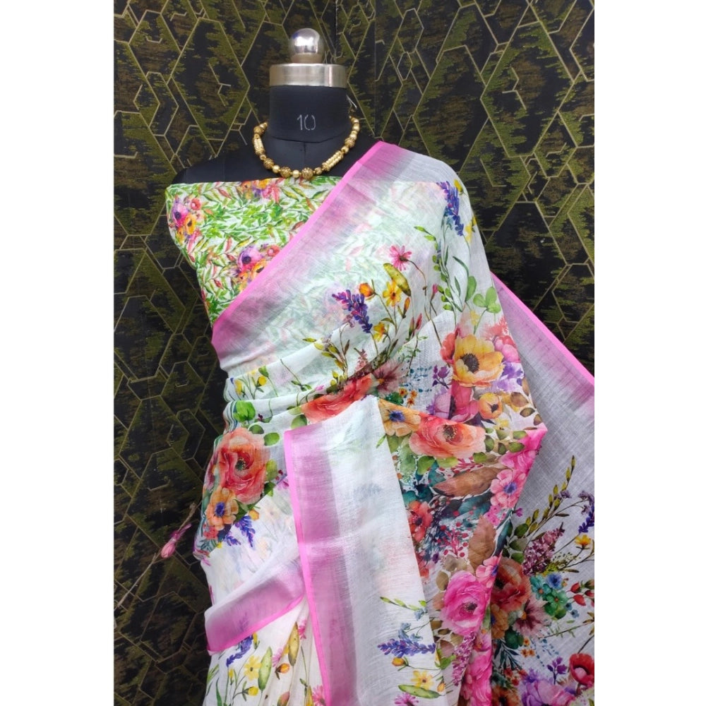 Women's pink cotton linen printed saree with unstitched blouse, 5.5Mtr - vibrant patterned traditional Indian wear
