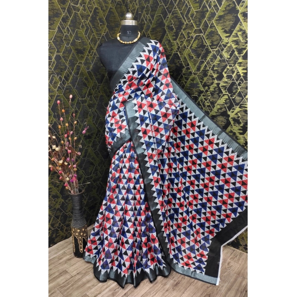 Black cotton linen printed saree with unstitched blouse, intricate designs on 5.5m length