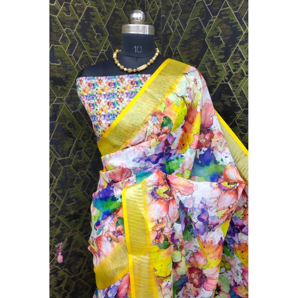 Yellow cotton linen printed saree with unstitched blouse, vibrant Indian traditional wear
