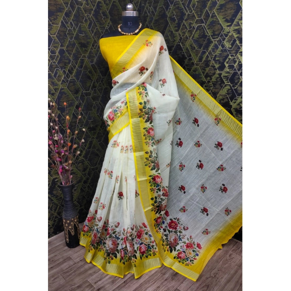 Yellow cotton linen woven design saree with unstitched blouse, 5.5mtr length on model