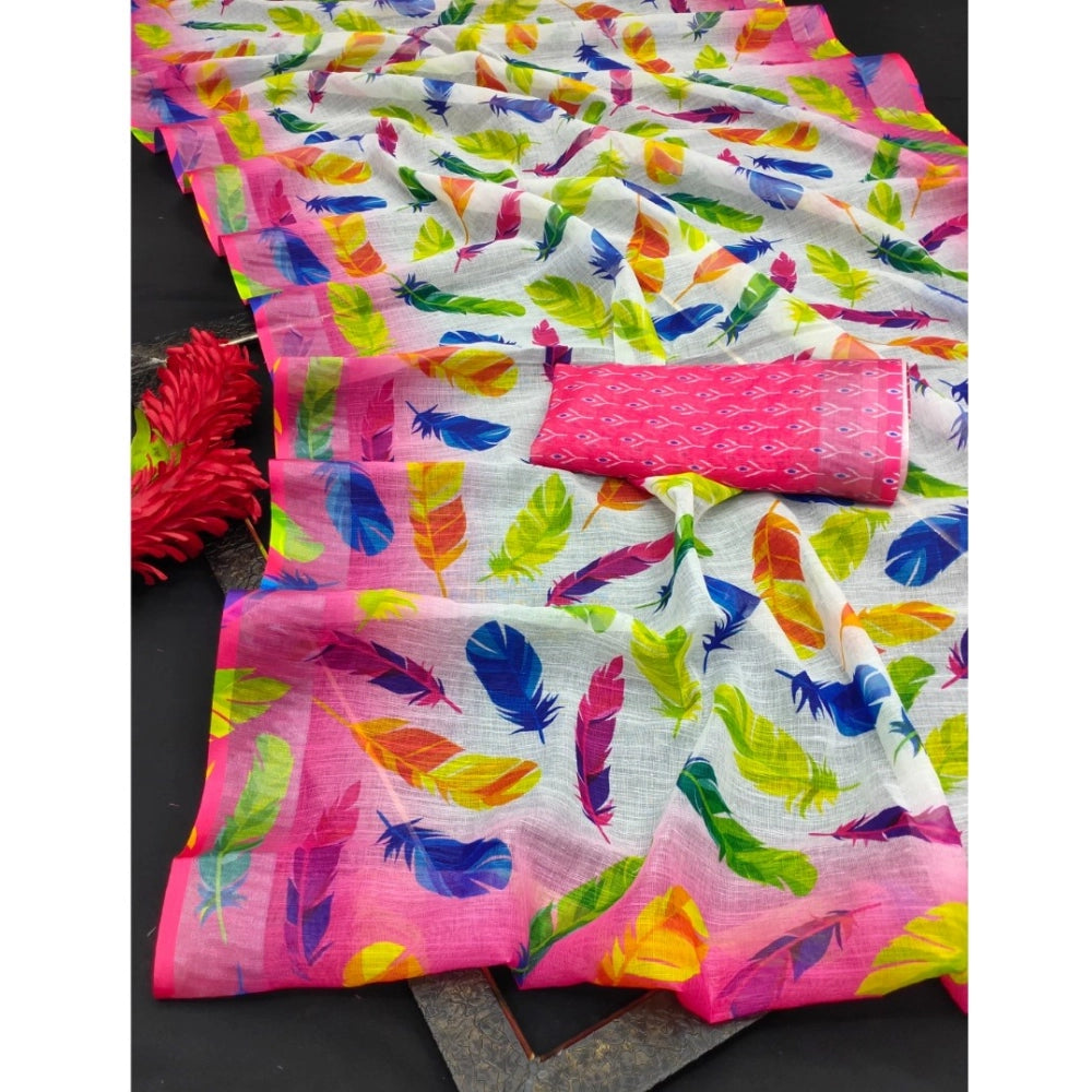 Pink cotton linen woven design saree with unstitched blouse, 5.5mtr length