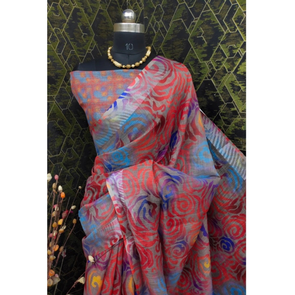 Red cotton linen woven design saree with unstitched blouse, traditional Indian fashion accessory