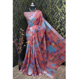 Red cotton linen woven saree with unstitched blouse (5.5mtr), traditional Indian fashion accessory