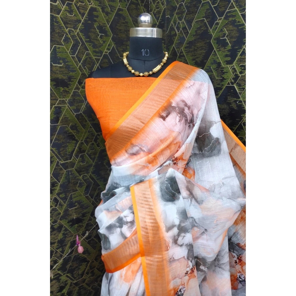 Orange cotton linen woven saree with unstitched blouse, 5.5Mtr for Indian women's traditional attire