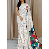 White cotton linen printed saree with unstitched blouse, 5.5Mtr length on mannequin