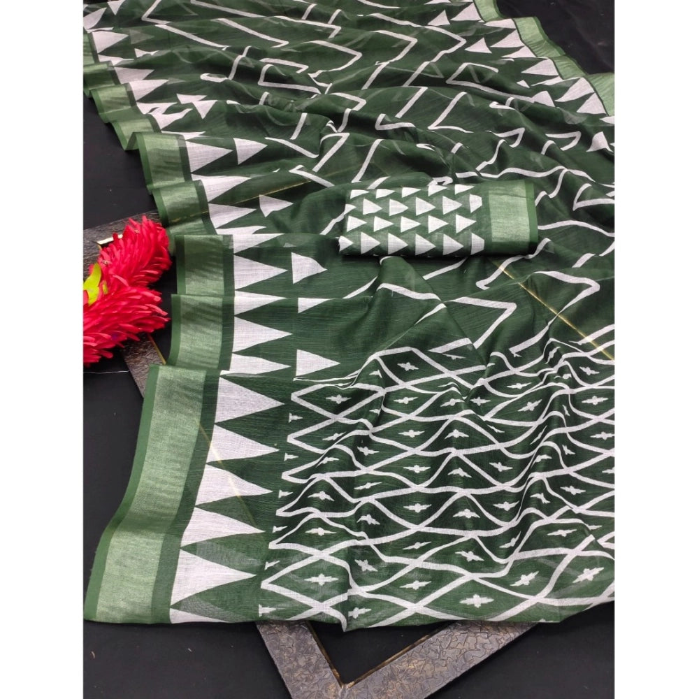 Green cotton-linen woven saree with unstitched blouse, 5.5mtr - traditional Indian wear for women