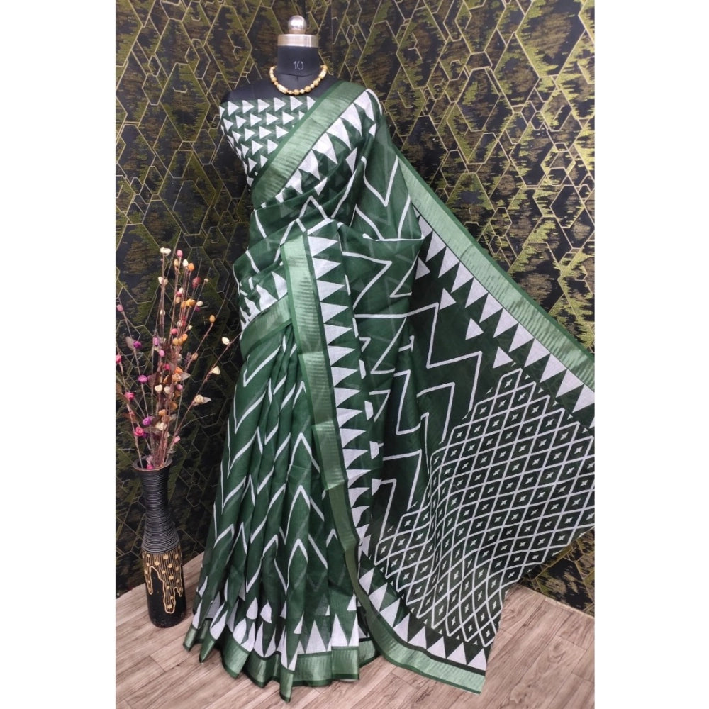 Green cotton linen woven saree with unstitched blouse (5.5mtr), traditional Indian attire on mannequin