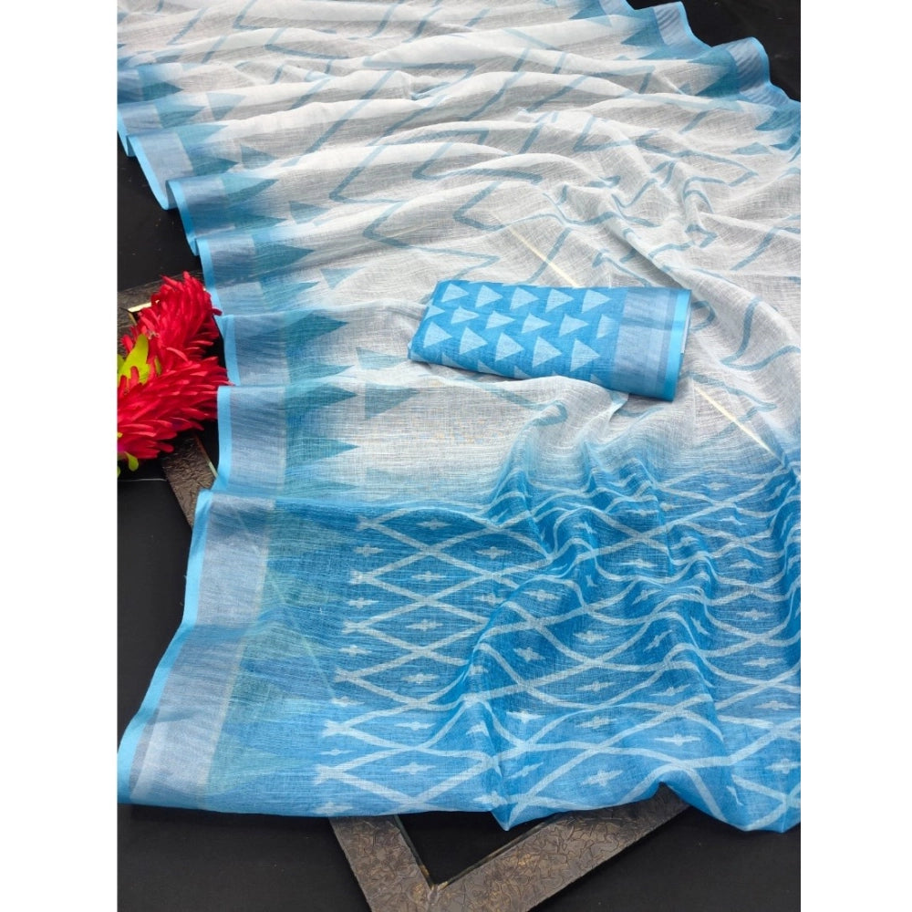 Sky blue cotton linen woven saree with unstitched blouse, 5.5mtr - traditional Indian attire for women
