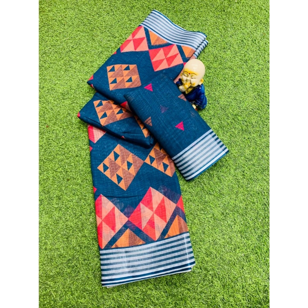 Blue cotton linen digital print saree with unstitched blouse (5.5mtr)