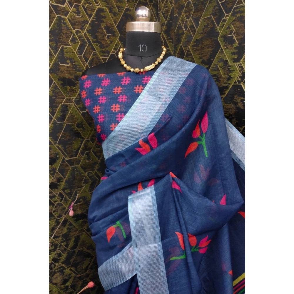 Blue cotton linen digital print saree with unstitched blouse (5.5mtr)