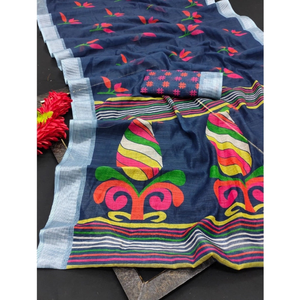 Blue cotton linen digital print saree with unstitched blouse, 5.5Mtr length for women's traditional Indian wear
