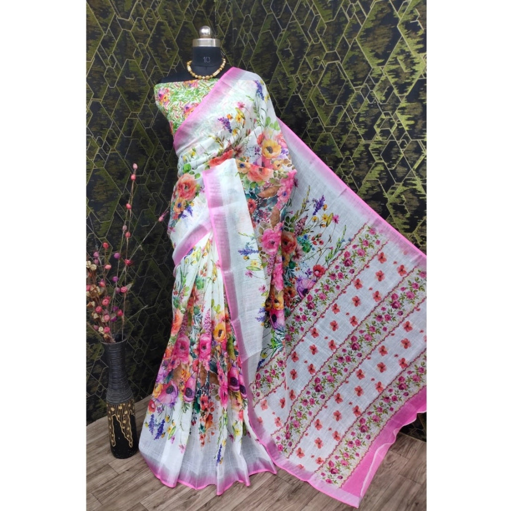 Pink cotton linen printed saree with unstitched blouse, 5.5Mtr length for women's traditional Indian wear