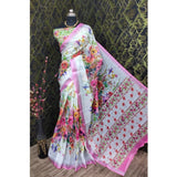 Pink cotton linen printed saree with unstitched blouse, 5.5Mtr length for women's traditional Indian wear