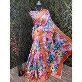 Orange cotton linen printed saree with unstitched blouse, vibrant ethnic wear for women