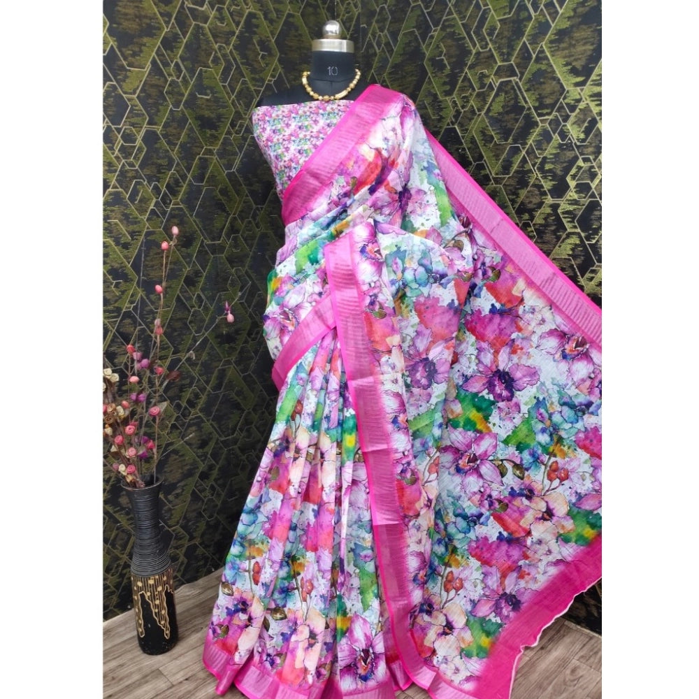 Pink cotton linen printed saree with unstitched blouse (5.5Mtr) - vivid floral pattern on traditional Indian attire