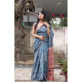 Grey cotton linen printed saree with unstitched blouse (5.5Mtr) on hanger