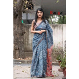 Grey cotton linen printed saree with unstitched blouse (5.5Mtr) - vibrant patterns on traditional Indian attire