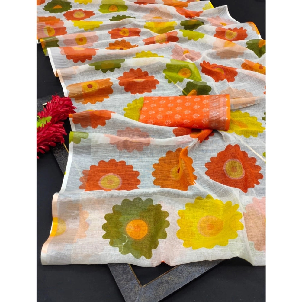 Orange cotton linen woven saree with unstitched blouse (5.5mtr)