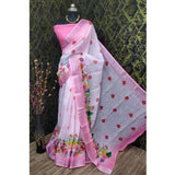Women's pink cotton linen woven saree with unstitched blouse, 5.5Mtr on mannequin