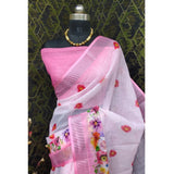 Pink cotton-linen woven design saree with unstitched blouse (5.5mtr), traditional Indian women's wear on display