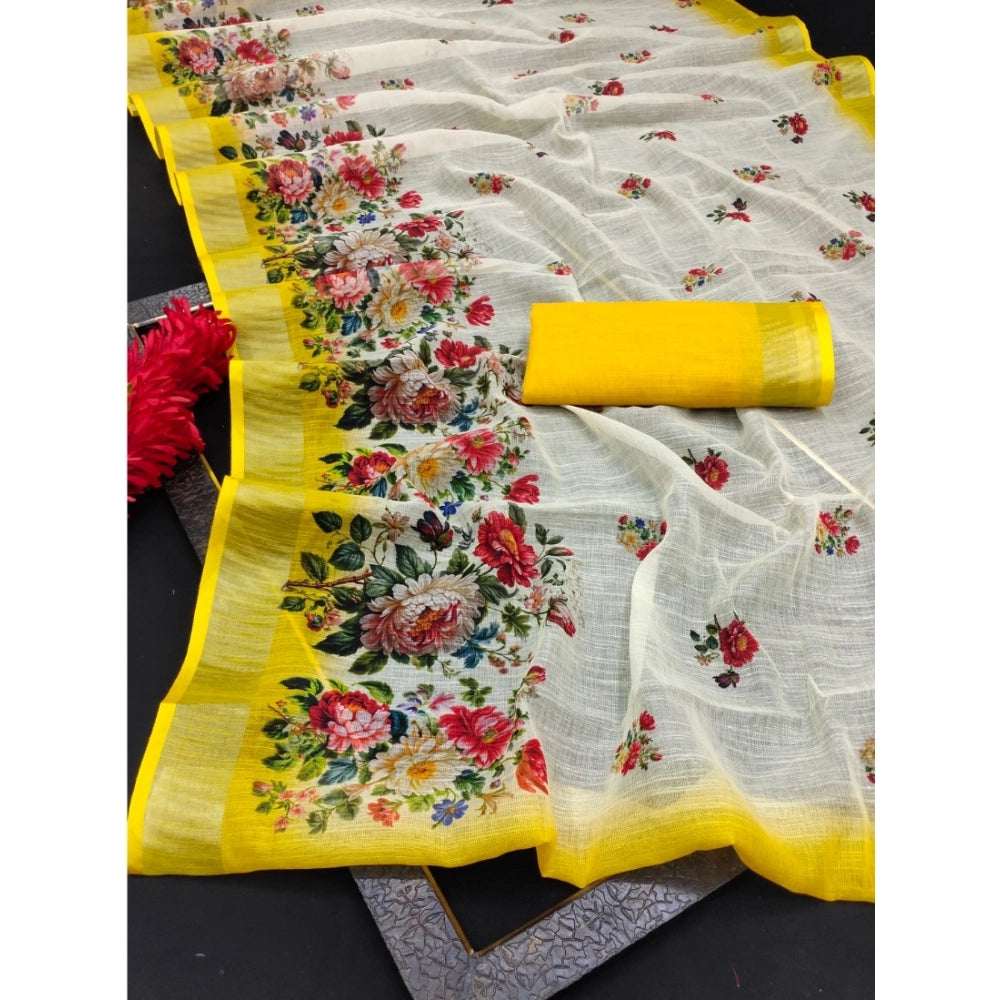 Yellow cotton linen woven saree with unstitched blouse, 5.5mtr length