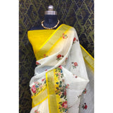 Yellow cotton linen woven design saree with unstitched blouse, 5.5mtr length for women's traditional Indian attire