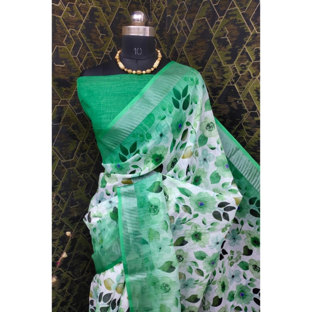 Green cotton linen woven saree with unstitched blouse (5.5mtr), traditional Indian clothing