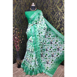 Green cotton linen woven saree with unstitched blouse, 5.5mtr length on mannequin