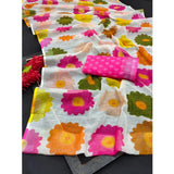 Pink cotton linen woven saree with unstitched blouse, 5.5Mtr length on model